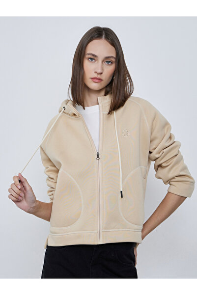 Styli Beige Zip-Up Hooded Jacket with Overlock Seam