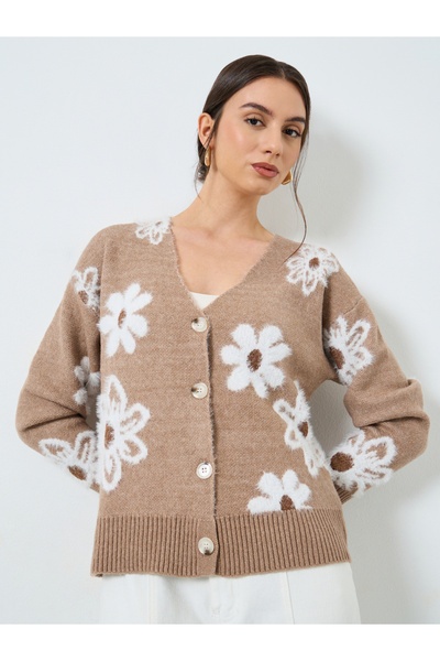Take Two By Styli Beige Floral Pattern Furry Knit Cardigan