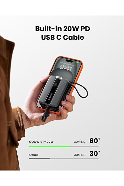 Coowisty 2-in-1 10000mAh external battery with LED, USB-C 20W fast charging for iPhone & Apple Watch