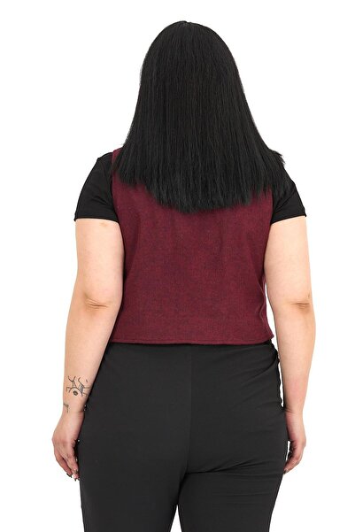 DISENTIS MODEST Plus Size Button Closure Pocket Flap Lined Short Cashmere Burgundy Vest