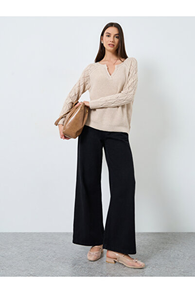 Take Two By Styli Beige V Neck Knitted Sweater