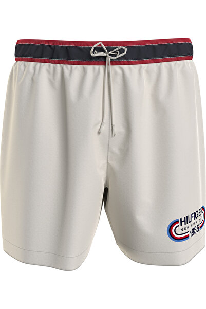 Tommy Hilfiger Men Ivory Polyester Medium Drawstring Swim Trunk