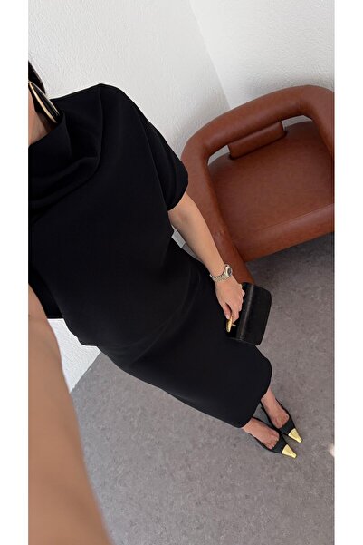 HAZELANNA Asimetrik Yaka Siyah Premium Elbise