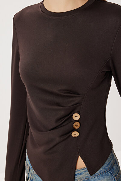 Lovelyİstanbul Buttoned Gathered Asymmetrical Cut Knitted Blouse Lfw0001 Brown