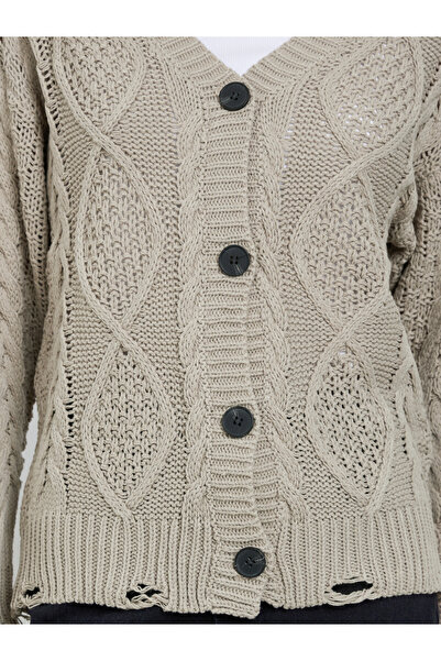Take Two By Styli Beige Cable Knit Ripped Detail Cardigan