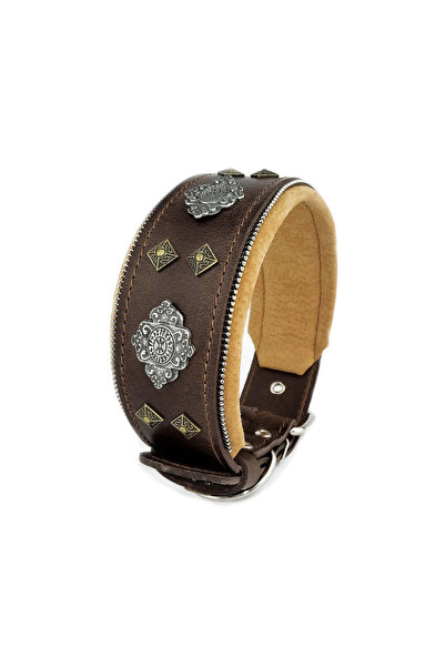 Bestia Aztec Genuine Leather Dog Collar, Size L, Brown