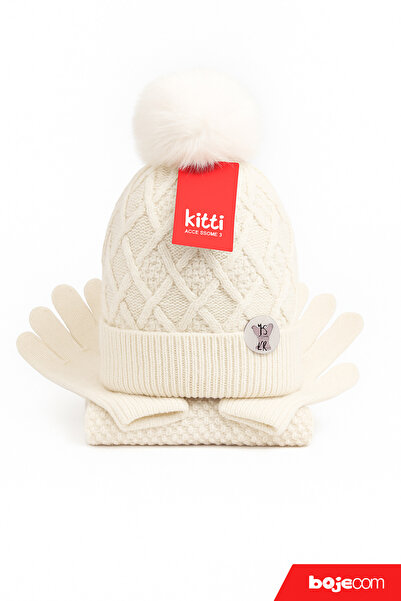 Uğur bebe Cream Girl's Fleece-Lined Triple Winter Set Anti-Pilling Knitwear Hat, Scarf and Gloves Set Soft and Comfortable