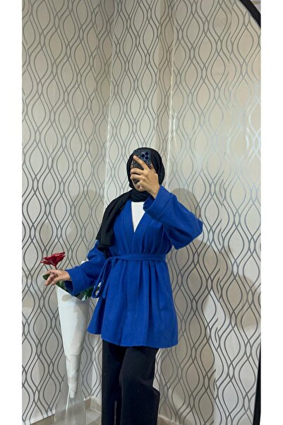 DİLEKBUTİK Cobalt Blue Unlined Kaşe Winter Kimono