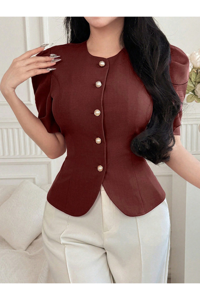 Take Two By Styli Solid Puff Sleeve Button Front Top