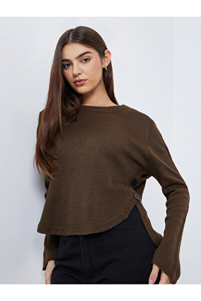 Styli Brown Button Detail Regular Fit Sweater
