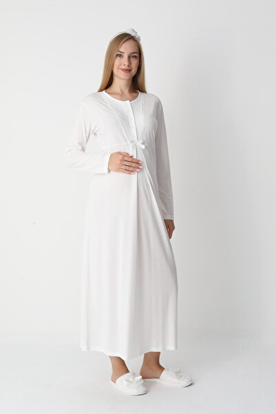 LOHOUSE Women's Flounce Sleeve Cotton Lace Detailed Maternity Nightgown-Dressing Gown Set of 2