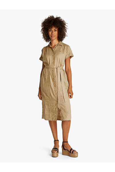 Tommy Hilfiger Women Camel Pure Linen Midi Shirt Dress