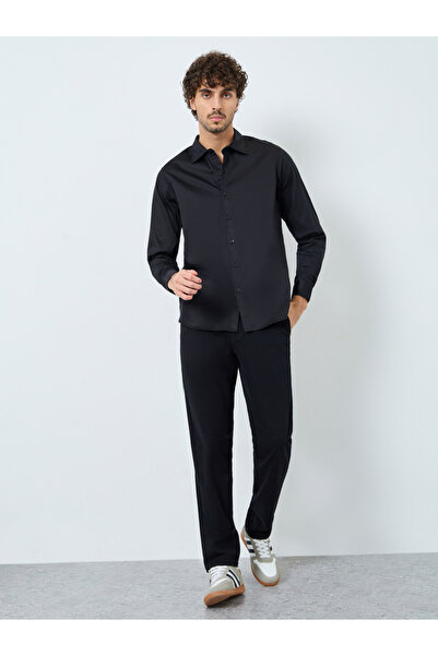 Styli Men Black Plain 60s Satin Long Sleeve Slim Fit Shirt