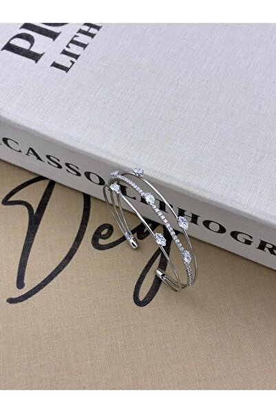 Hedef Bijuteri Silver Color Adjustable Three Row Zircon Stone Bracelet with Oval Stone on Top