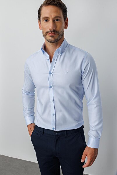 İgs Синя сорочка Slim Fit, вузький крій, класичний комір, прямі довгі рукави, без кишень, 100% бавовна