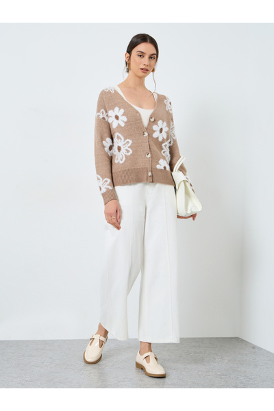 Take Two By Styli Beige Floral Pattern Furry Knit Cardigan