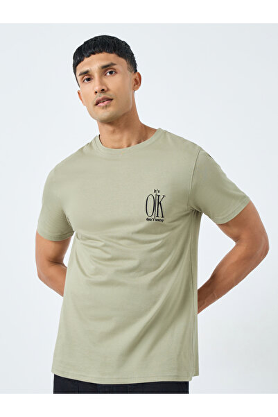 Styli Me Khaki Embroidered Slogan Cotton T-Shirt