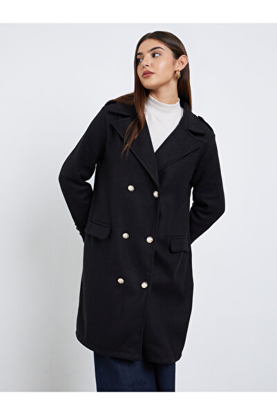 Styli Black Regular Fit Double Breasted Wool Like Coat