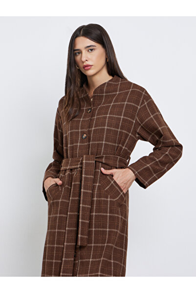 Styli Brown Checked Print Wool Look Coat