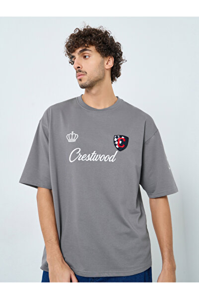 Styli Men Grey Front Chest and Sleeve Print Oversized T-Shirt