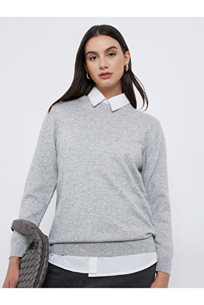 Take Two By Styli Grey Knit Sweater with Long Sleeves