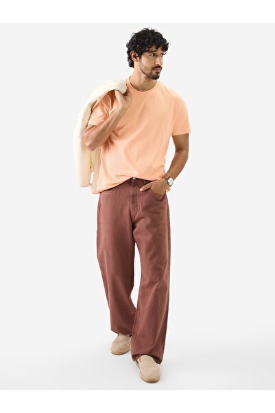 The Souled Store By Styli Men Peach Plain Interlock Cotton T-Shirt