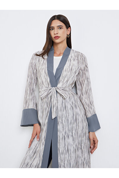 Take Two By Styli Contrast Trim Printed Kimono with Tie Belt