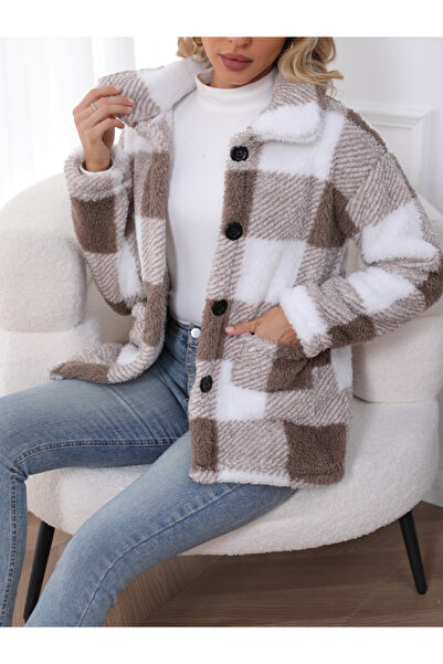 Take Two By Styli Women Checked Button Front Pocket Detail Plush Coat