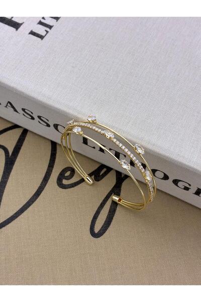 Hedef Bijuteri Gold Color Adjustable Three Row Zircon Stone Bracelet with Oval Stone on Top