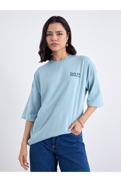 Styli Blue Oversized Slogan Print T-Shirt