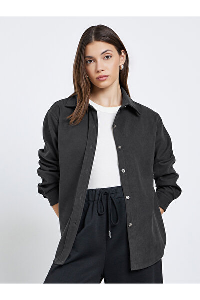 Styli قميص مخملي أسود قصة فضفاضة