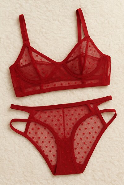 biky Dantelli Tüllü Sütyen Takım Dolgusuz Balenli Kırmızı İç Çamaşır Takımı