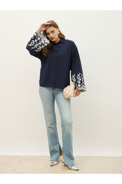 Styli قميص مطرز واسع الأرجل وقصة عادية