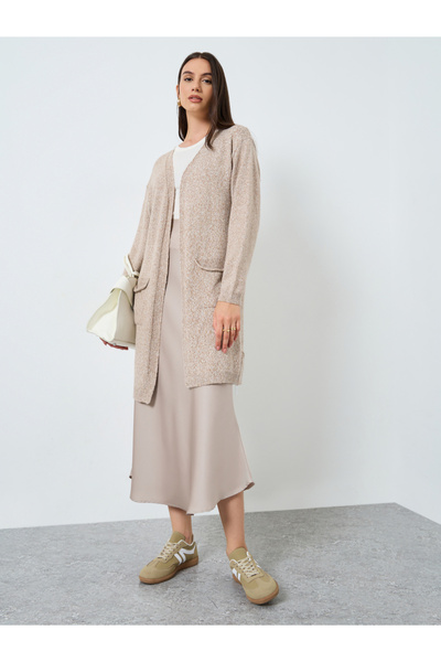 Take Two By Styli Beige Midi Cardigan with Patch Pocket