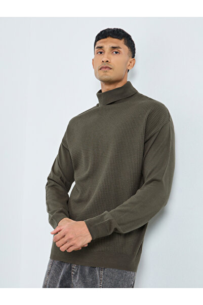 Styli Olive Turtle Neck Relaxed Fit Knit Sweater