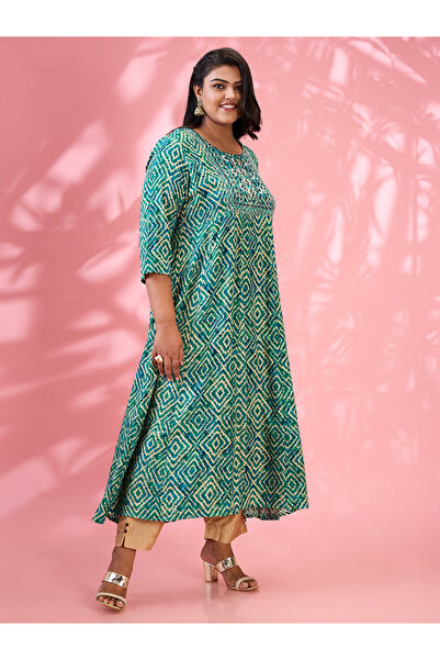 Globus By Styli Plus Size Green Geometric Print A-Line Kurta