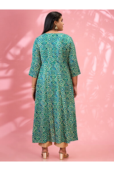 Globus By Styli Plus Size Green Geometric Print A-Line Kurta