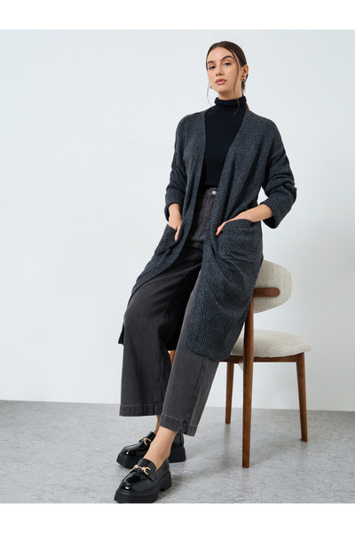 Take Two By Styli Charcoal Midi Cardigan with Patch Pocket