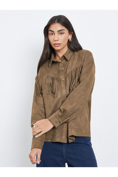 Styli Brown Tassel Trim Suede Look Shirt