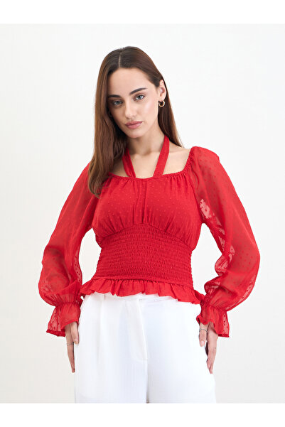 Styli Sweetheart Neck Swiss Dot Fitted Blouse