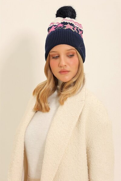Trend Alaçatı Stili Women's Navy Blue Patterned Pompom Beret ALC-X11357