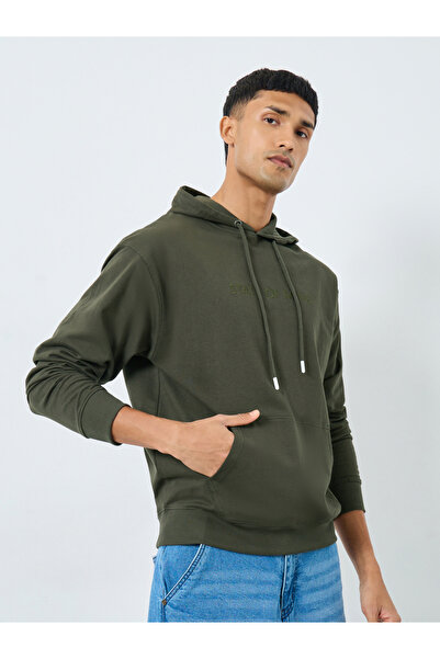 Styli Olive Relaxed Fit Embroidered Hoodie