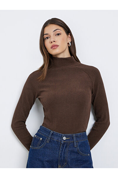 Styli Brown Ribbed High Neck Knit Top