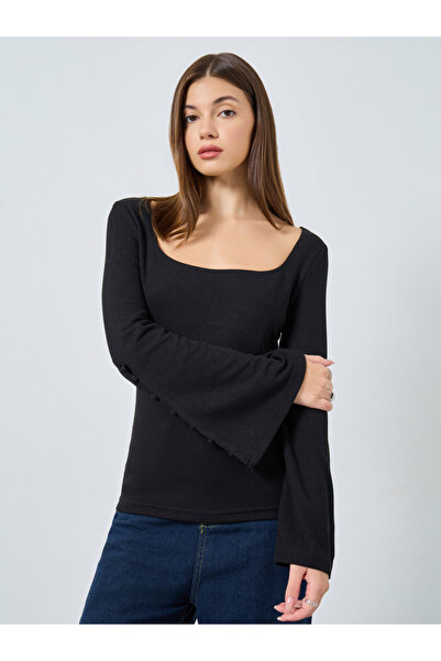 Styli Black Square Neck Ribbed Knit Top