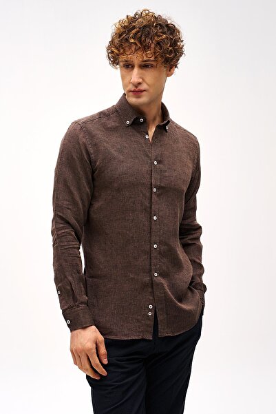 İgs Кафе Динамична кройка с копчета, гладка яка, дълги ръкави, без джобове, 100% ленена риза