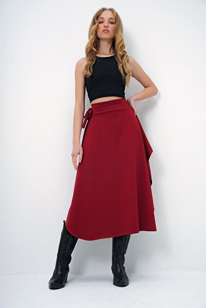 Trend Alaçatı Stili Women's Burgundy Asymmetrical Cut Waist Tied Skirt Alc-X5001