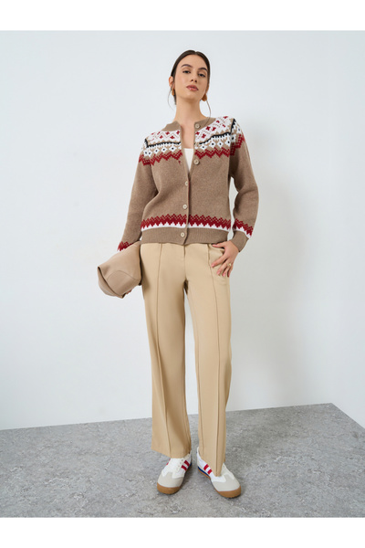 Take Two By Styli Brown Regular Fit Patterned Knit Cardigan