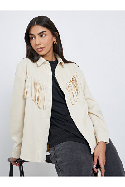 Styli Cream Tassel Trim Suede Look Shirt