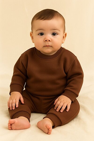 nazarbebe Brown Fleece-Lined Basic Double Set |   6-24 Months Baby Tracksuit Set 2899
