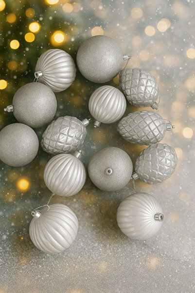 Derin Düşler زينة شجرة عيد الميلاد الفضية 8 سم 13 قطعة زينة كروية فاخرة على شكل مخروط لعيد الميلاد